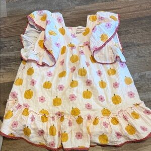 Girls' White Dress with Yellow Pumpkin & Pink Flower Print